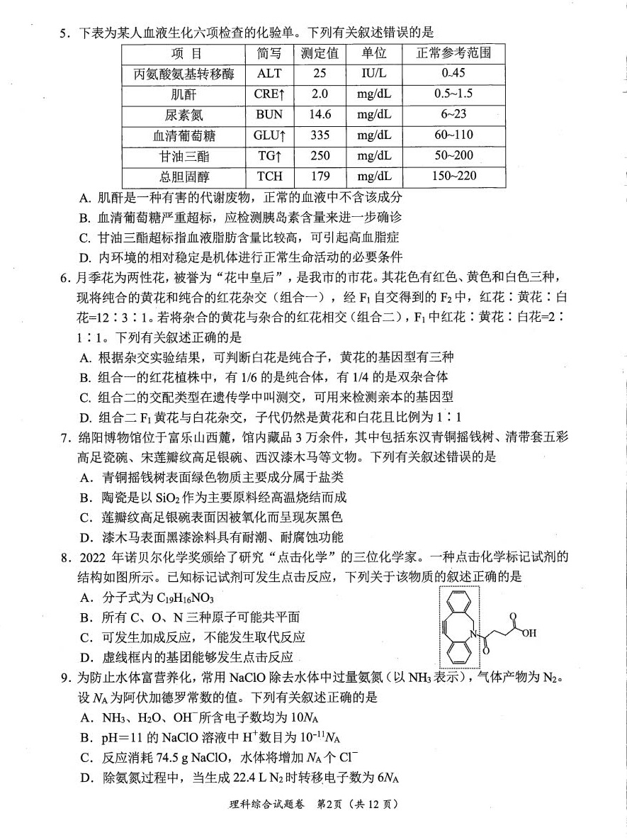 綿陽二診理綜試卷2024答案解析含物化生考試題目